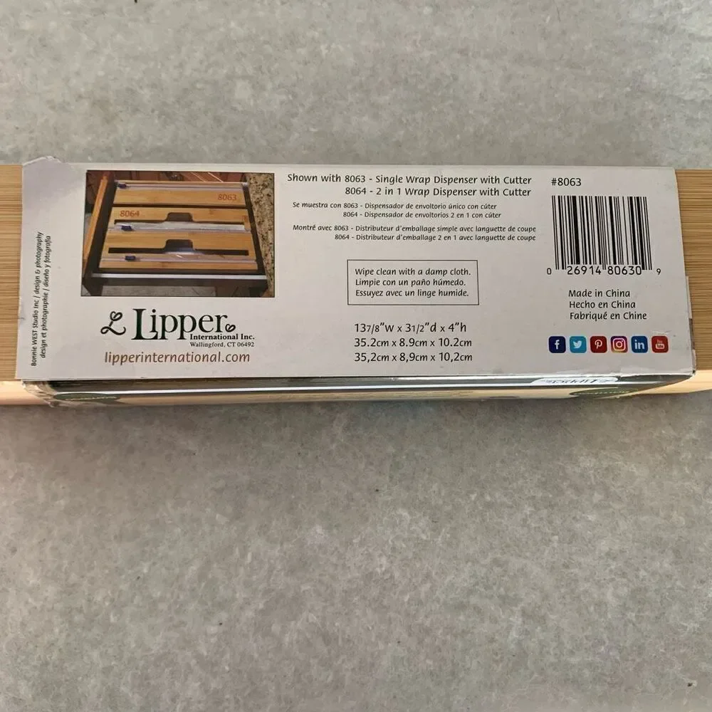 Lipper International Bamboo Single Wrap Dispenser With Cutter #8063 *New*